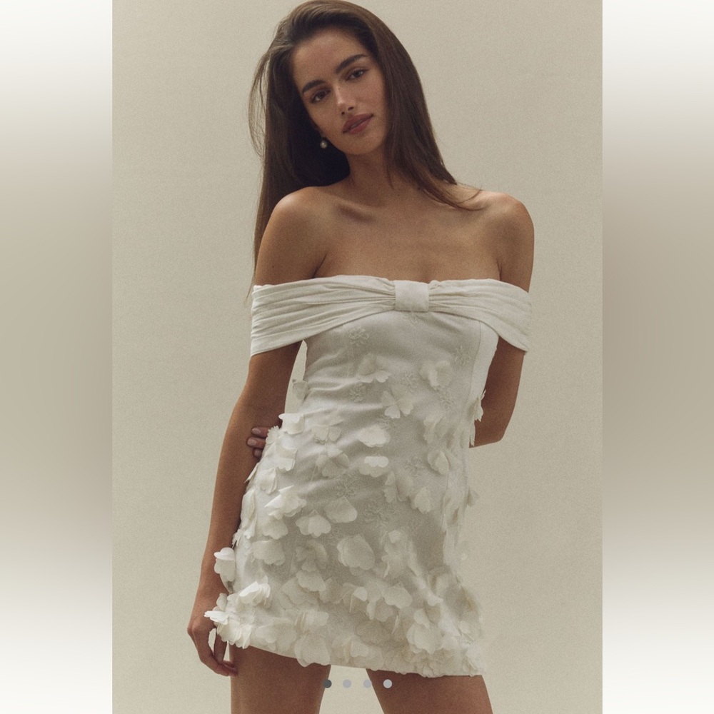 BHLDN White Off-Shoulder 3D Floral Dress